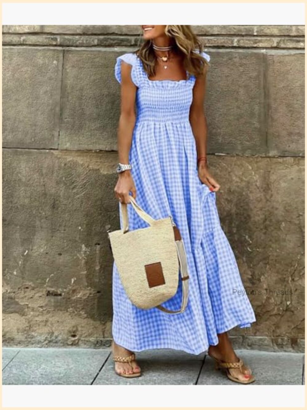 Square Neck Plaid Smocked Dress Ruffle Sleeveless Maxi Long Dress - Picture 2 of 5